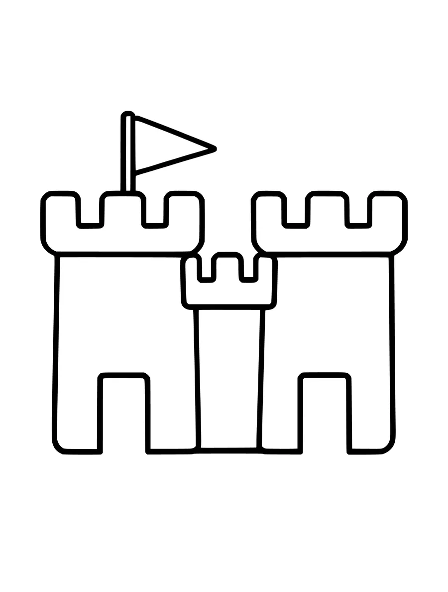 A simple colouring page of a castle with two towers and a flag.