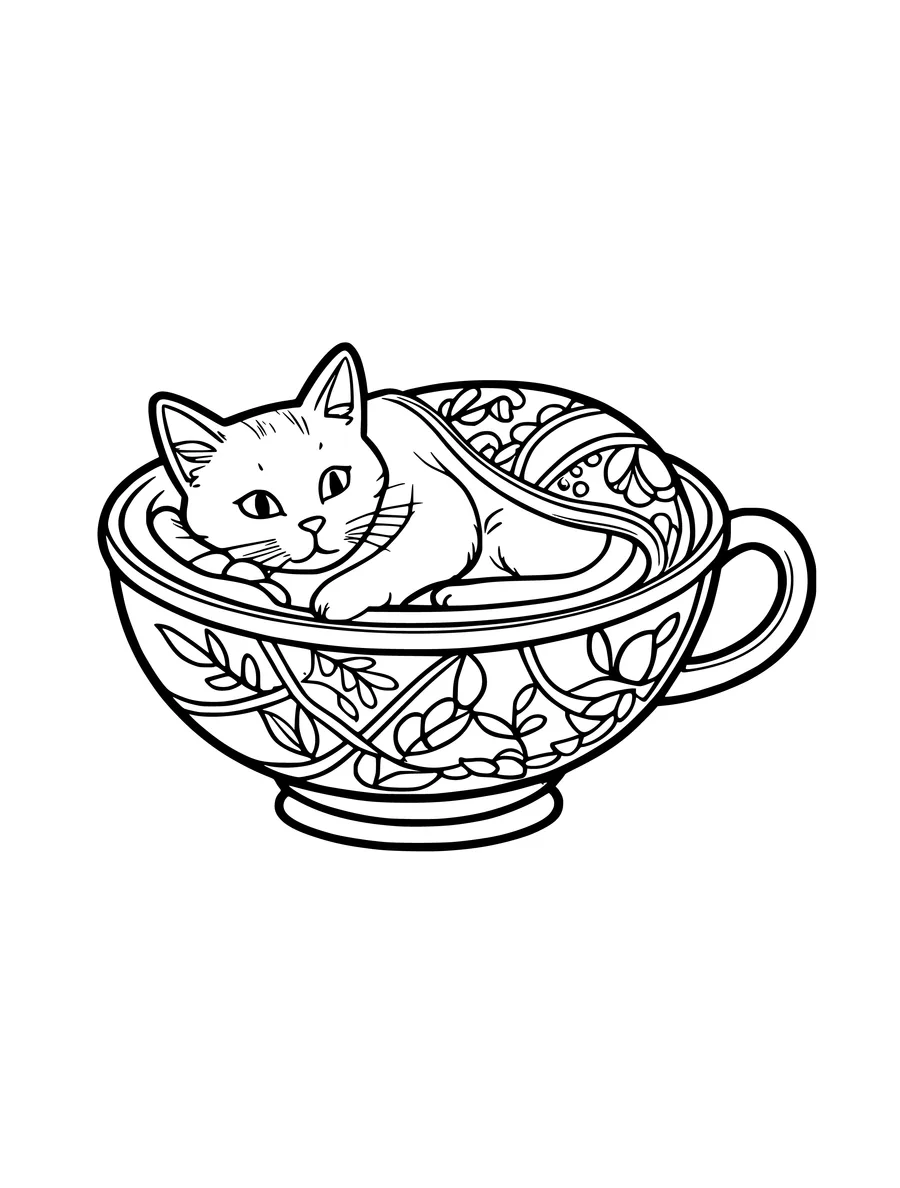 A cat curled up inside an ornate teacup-shaped bed with a small blanket, colouring page