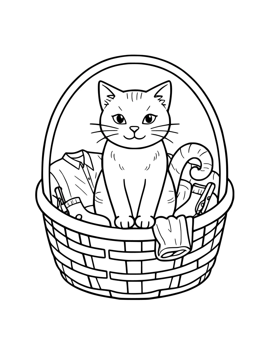 A cat sits inside a woven basket filled with laundry including shirts and socks, coloring page