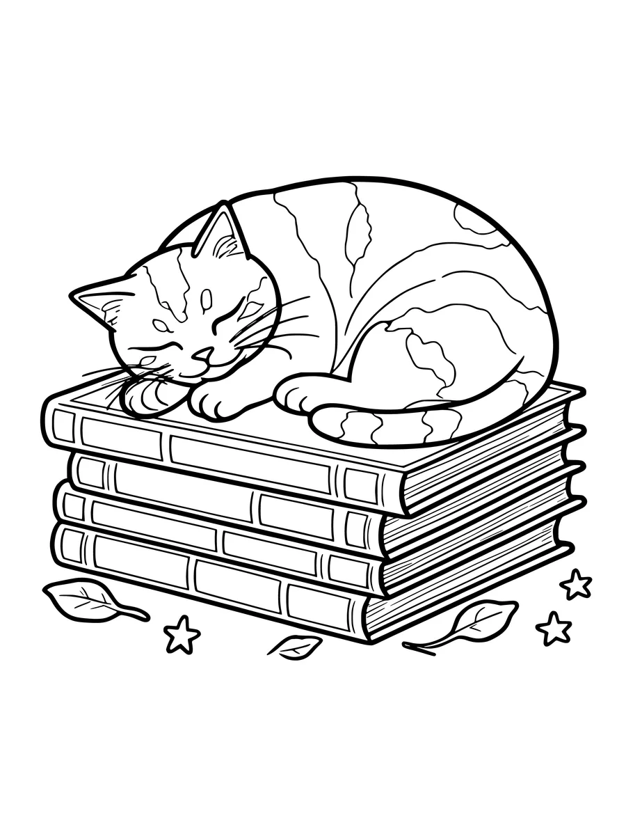 A tabby cat sleeps peacefully on a stack of books surrounded by small leaves and stars in this line art, coloring page