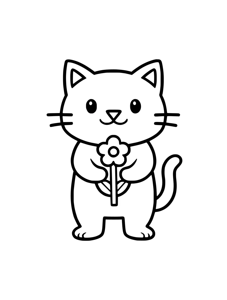 A cute cat stands on its hind legs while holding a single flower in its front paws, coloring page