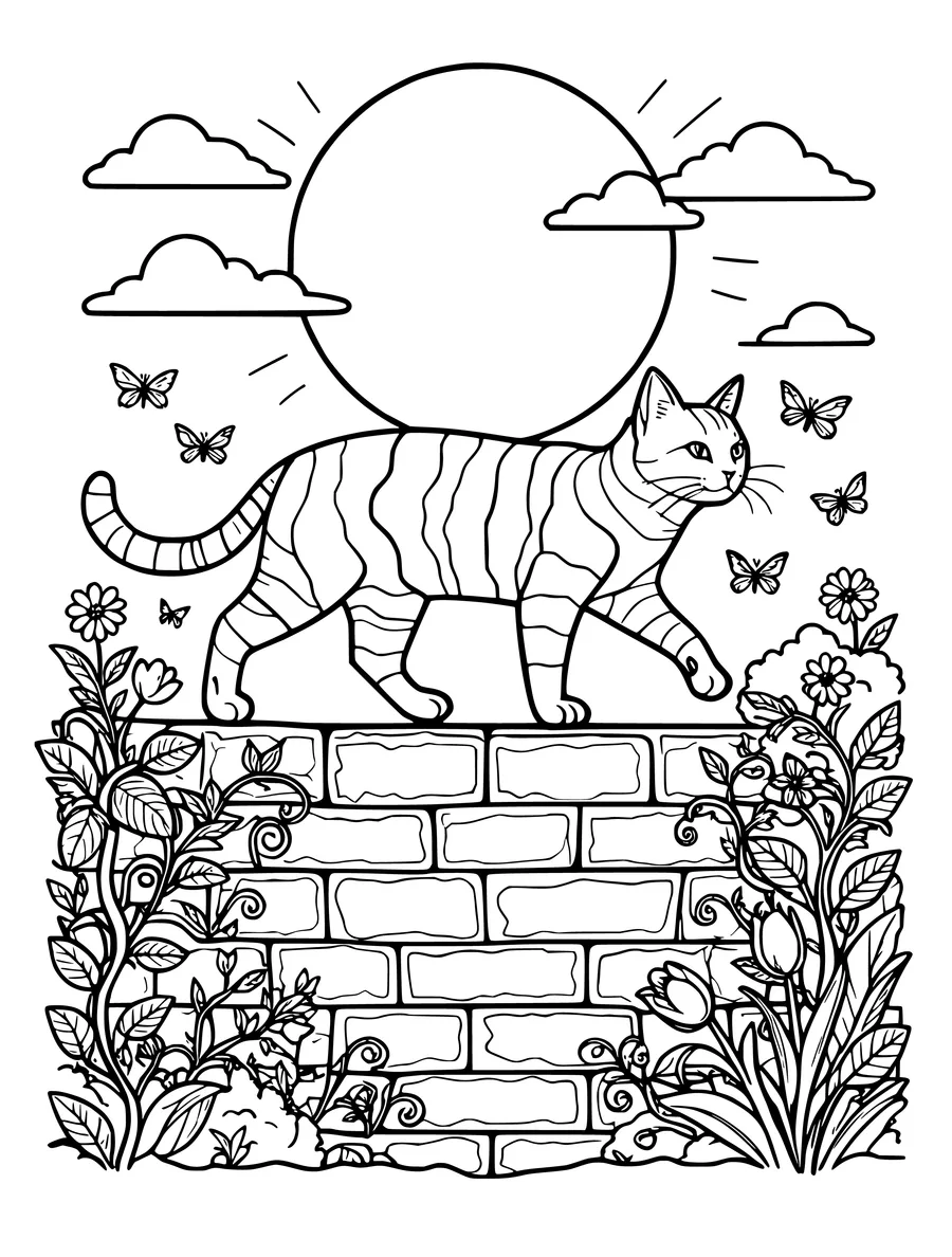 A striped cat walks along a garden wall beneath a full moon and flying butterflies in this colouring page.