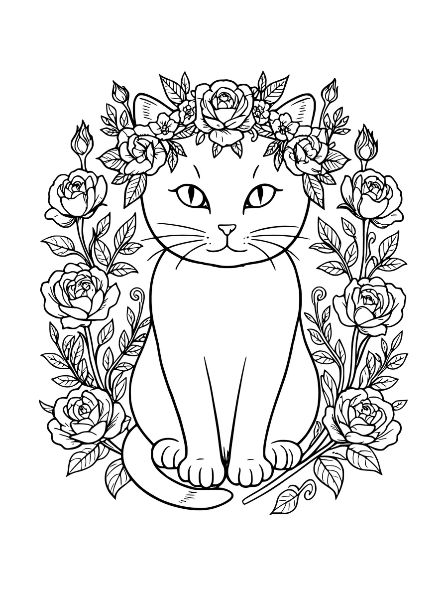 A cat wearing a floral crown sits in the center of an intricate frame made of roses and leaves, colouring page