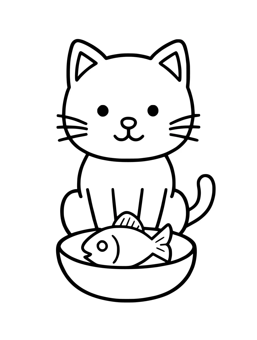 A simple colouring page of a cat sitting behind a bowl that contains a small fish.