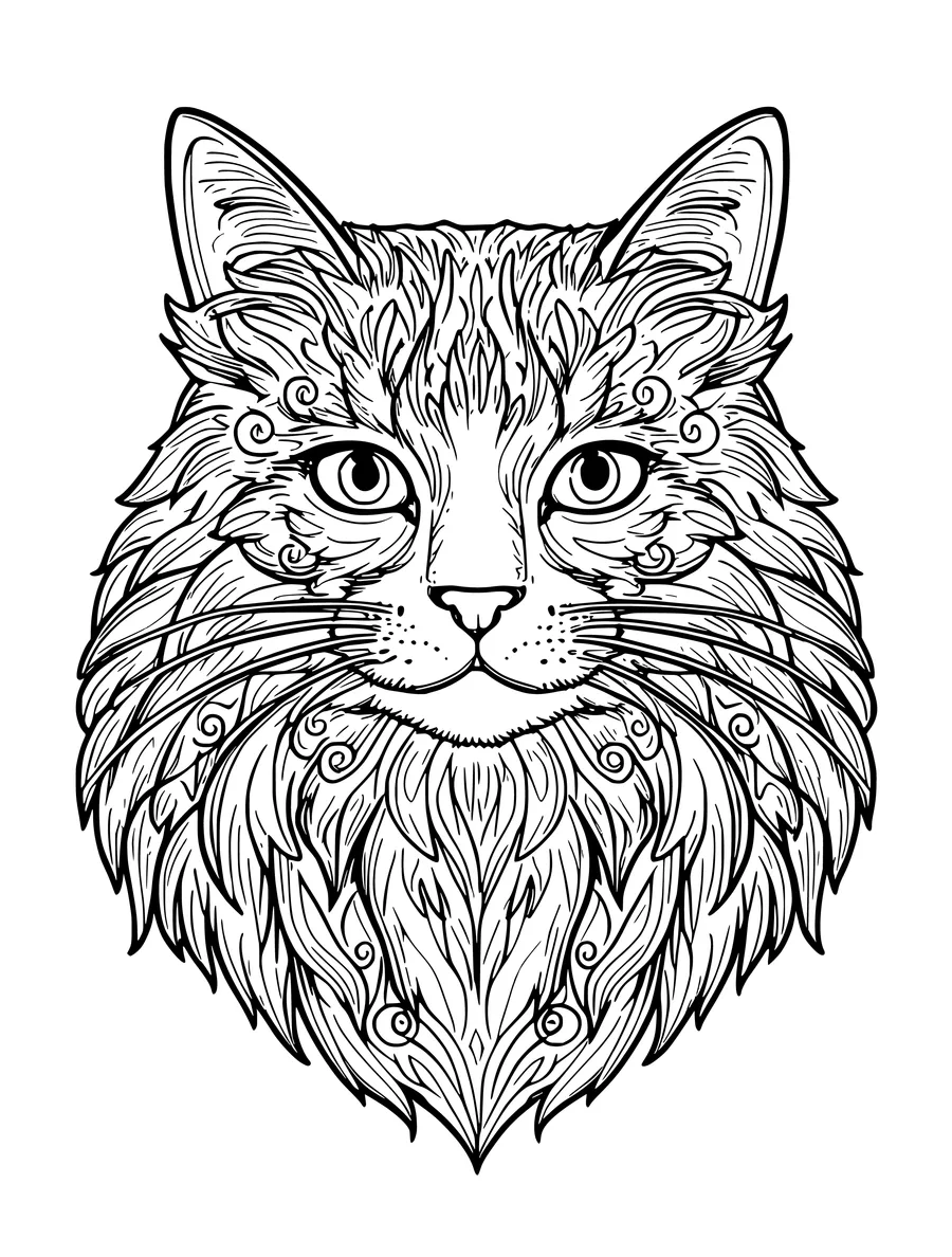 An intricate portrait of a long-haired cat featuring detailed, flowing fur patterns in this colouring page.
