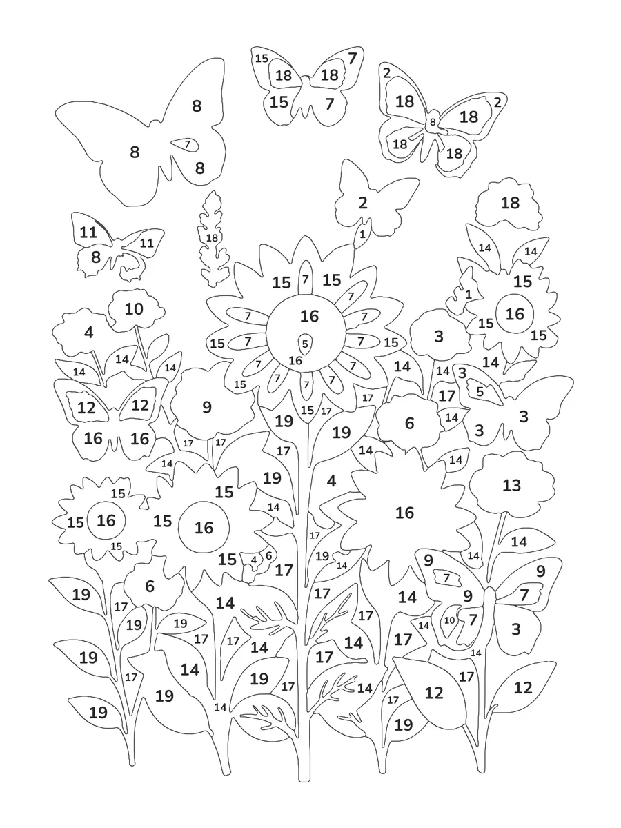 Butterfly Garden: a hard color by number printable with 19 numbered colours and a colour key