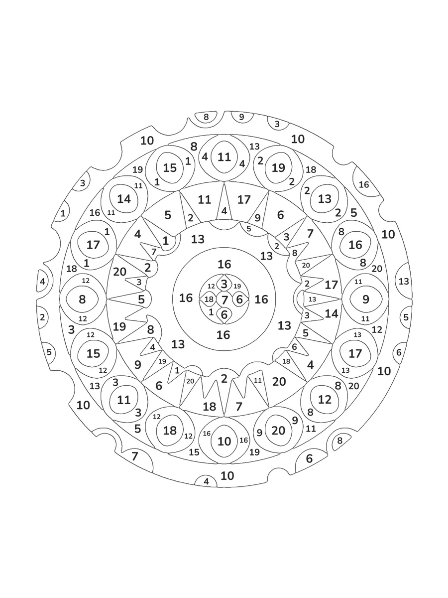 Celestial Mandala: a hard color by number printable with 20 numbered colours and a colour key