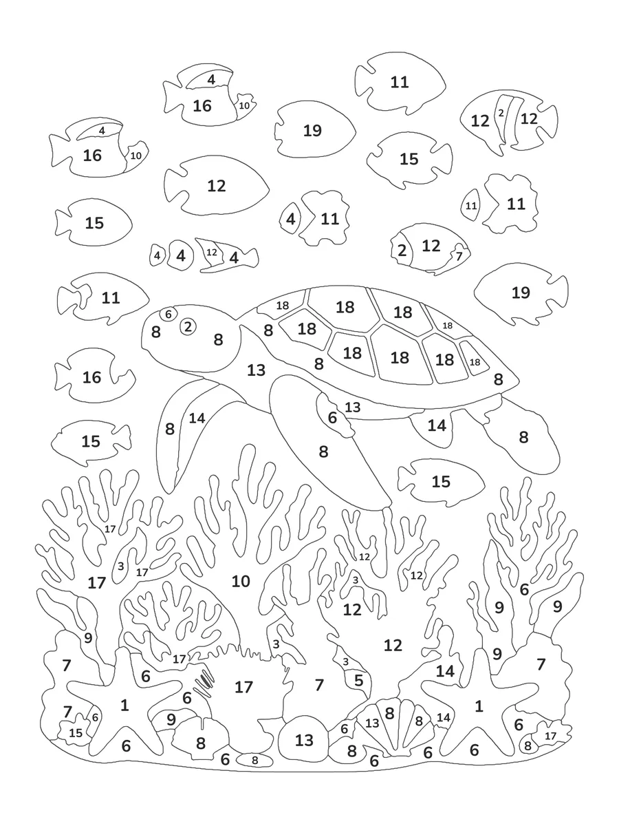 Coral Reef: a hard color by number printable with 19 numbered colours and a colour key