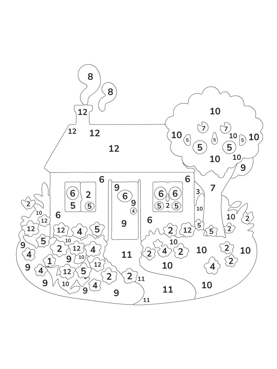 Cottage in the Garden: a medium color by number printable with 12 numbered colours and a colour key