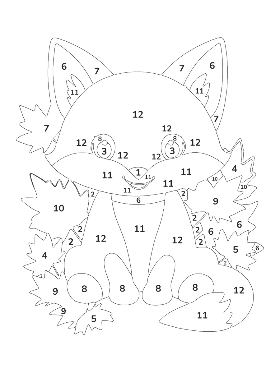 Fox in Autumn Leaves: a medium color by number printable with 9 numbered colours and a colour key
