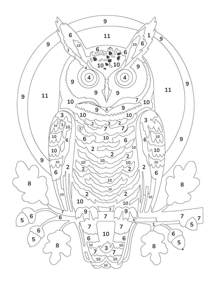 Great Horned Owl: a hard color by number printable with 11 numbered colours and a colour key