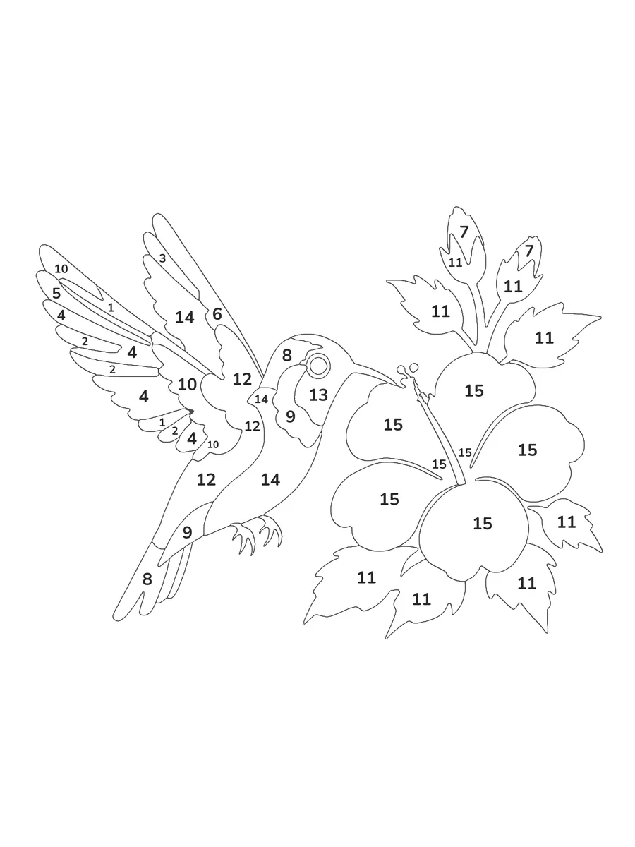 Hummingbird and Hibiscus: a hard color by number printable with 15 numbered colours and a colour key