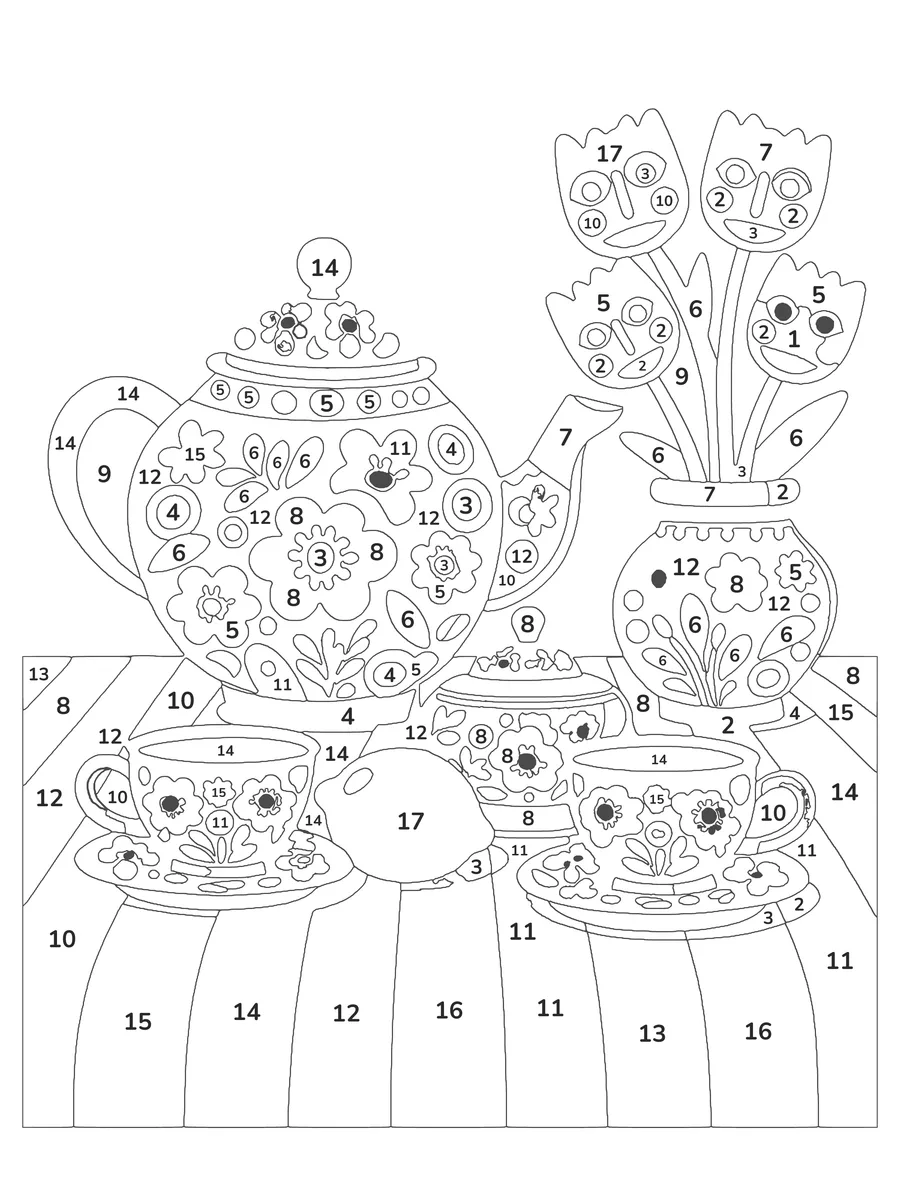 Teapot Still Life: a hard color by number printable with 17 numbered colours and a colour key