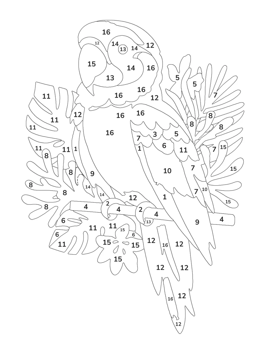 Tropical Parrot: a hard color by number printable with 16 numbered colours and a colour key
