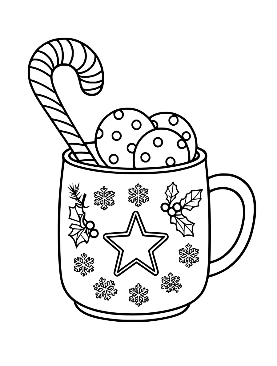 A Christmas mug decorated with a star and snowflakes holds a candy cane and three round cookies, colouring page