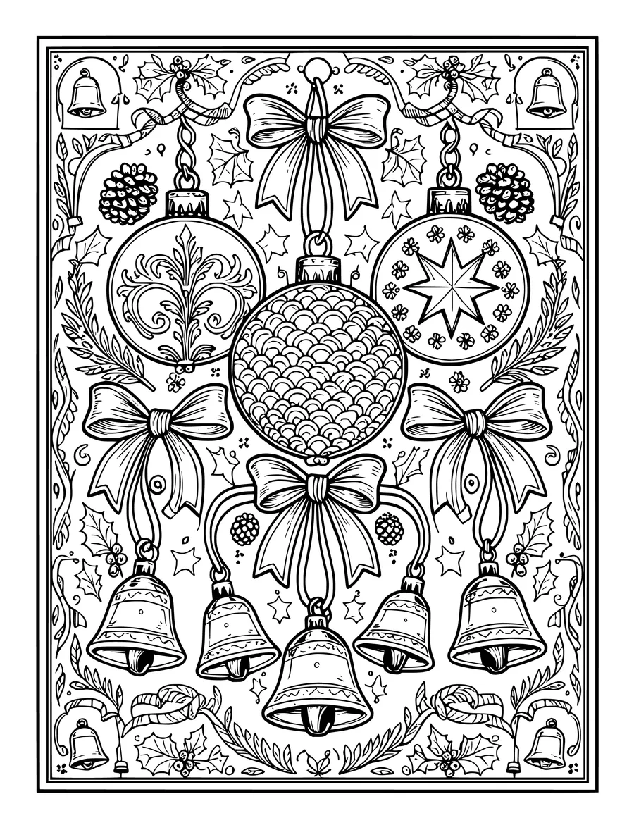 Black and white line art coloring page of collection of vintage ornaments, bells and ribbon bows in a decorative frame,...