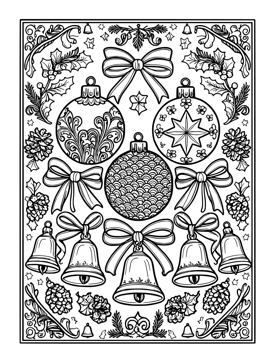 Black and white line art coloring page of collection of vintage ornaments, bells and ribbon bows in a decorative frame,...