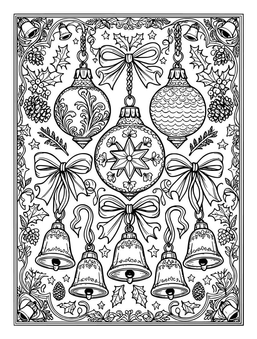 Black and white line art coloring page of collection of vintage ornaments, bells and ribbon bows in a decorative frame,...