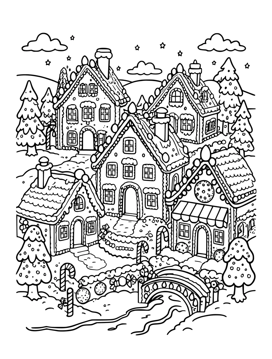 Black and white line art coloring page of gingerbread village with piped icing and gumdrop details, detailed detail