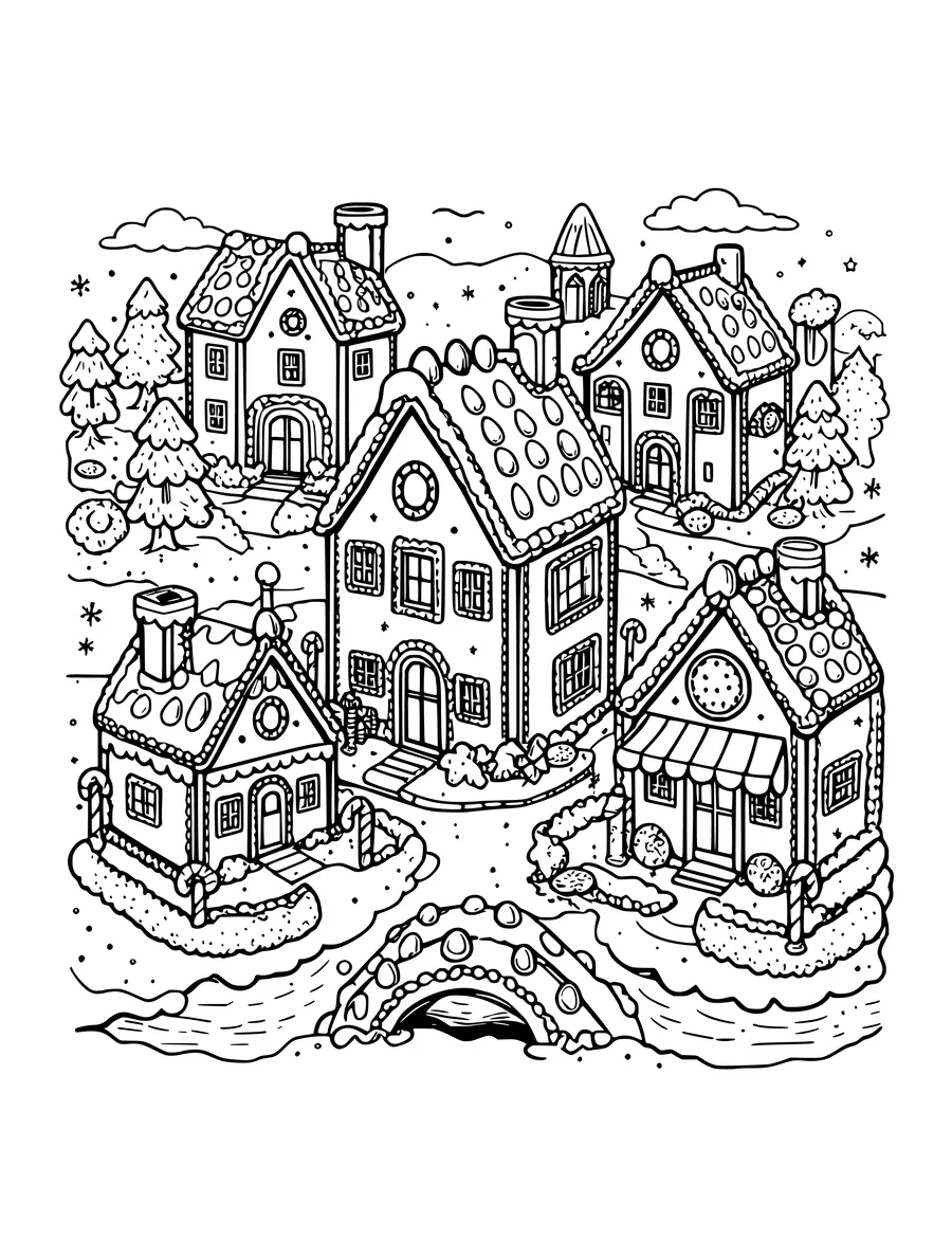 A line art colouring page of a whimsical gingerbread village with houses, icing details, and a small bridge.