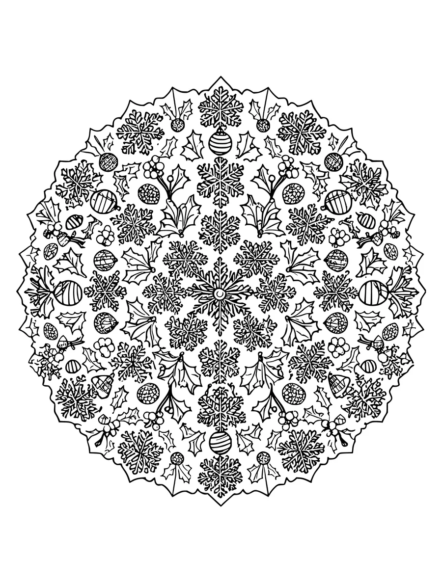 A circular coloring page displays an intricate mandala composed of snowflakes, holly, and small ornaments.