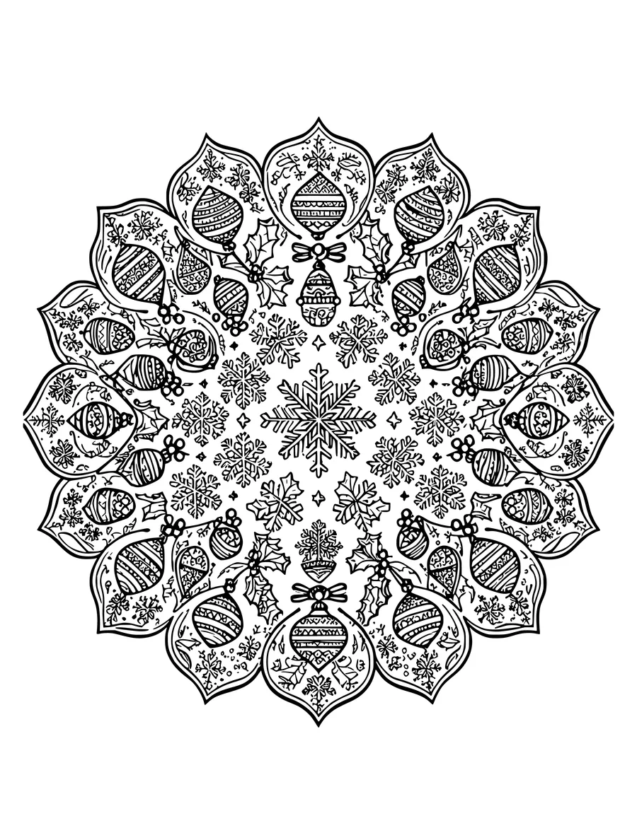 A circular colouring page features a mandala of snowflakes, holly leaves, and hanging ornaments.