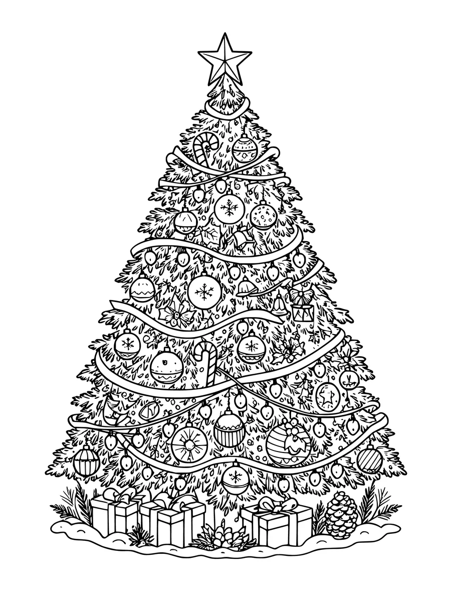 Line art of a Christmas tree decorated with baubles, garlands, and lights, standing over gift boxes.
