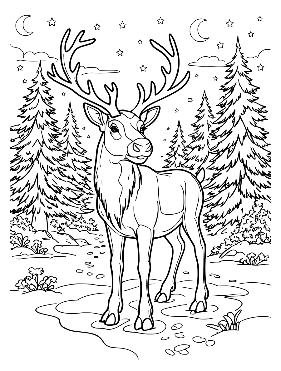 Black and white line art coloring page of reindeer in a snowy forest beneath a star-filled sky, detailed detail