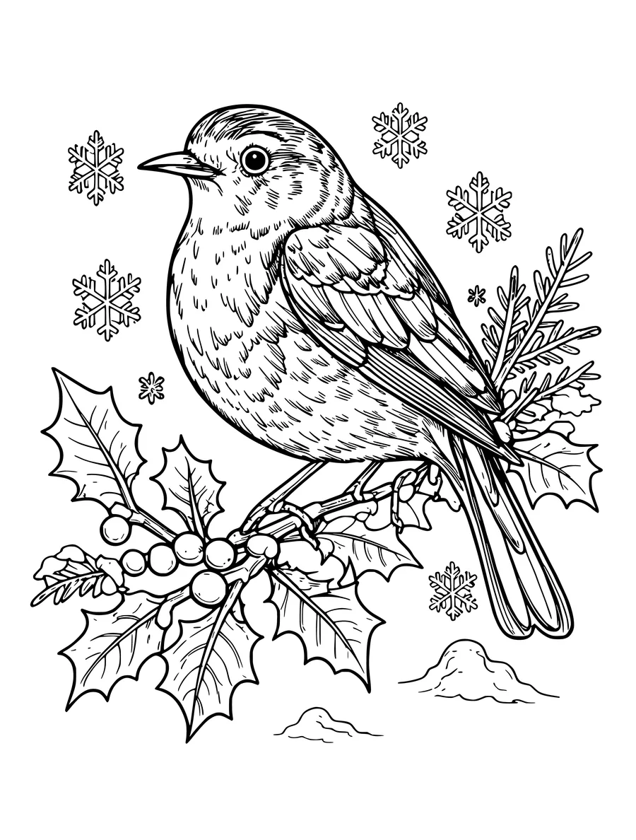 Black and white line art colouring page of robin on a holly branch in the snow, detailed detail