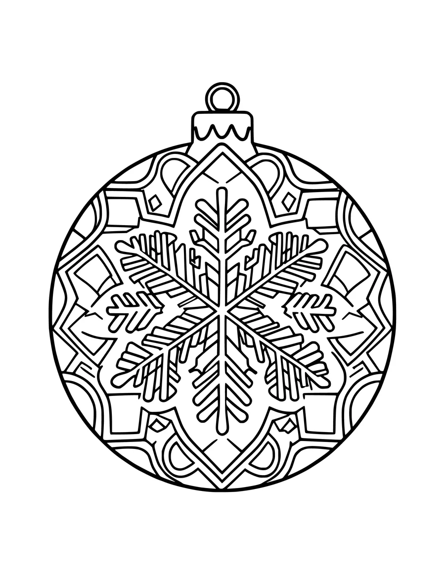 A simple colouring page depicts a single round ornament bauble featuring a prominent snowflake pattern.