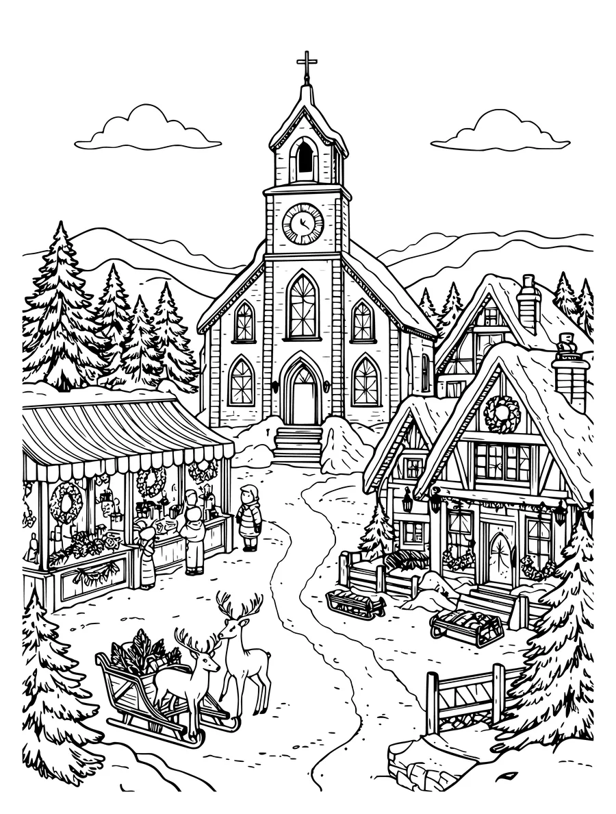 Black and white line art coloring page of snowy Christmas village with lit windows, a church and a market, intricate detail