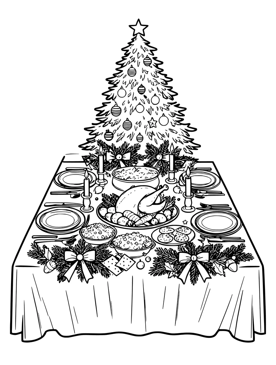 Black and white line art coloring page of table set for Christmas dinner with candles, crackers and pine boughs, detailed...