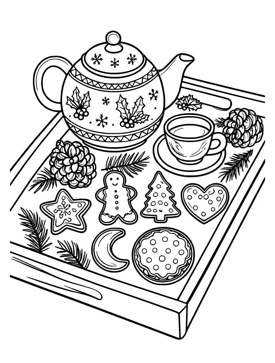 Black and white line art colouring page of tea tray with Christmas cookies, a teapot and pine cones, detailed detail