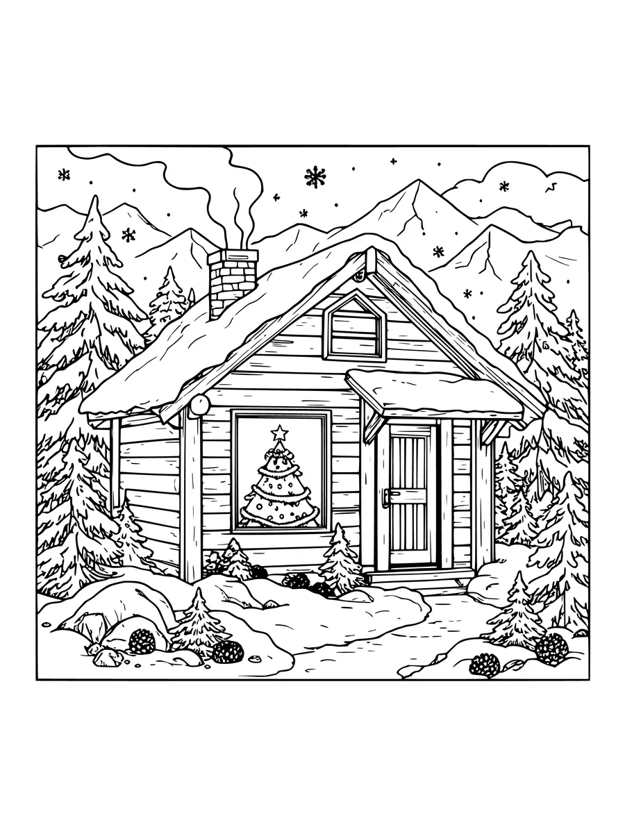 Black and white line art colouring page of winter cabin scene with a Christmas tree glowing in the window, intricate detail