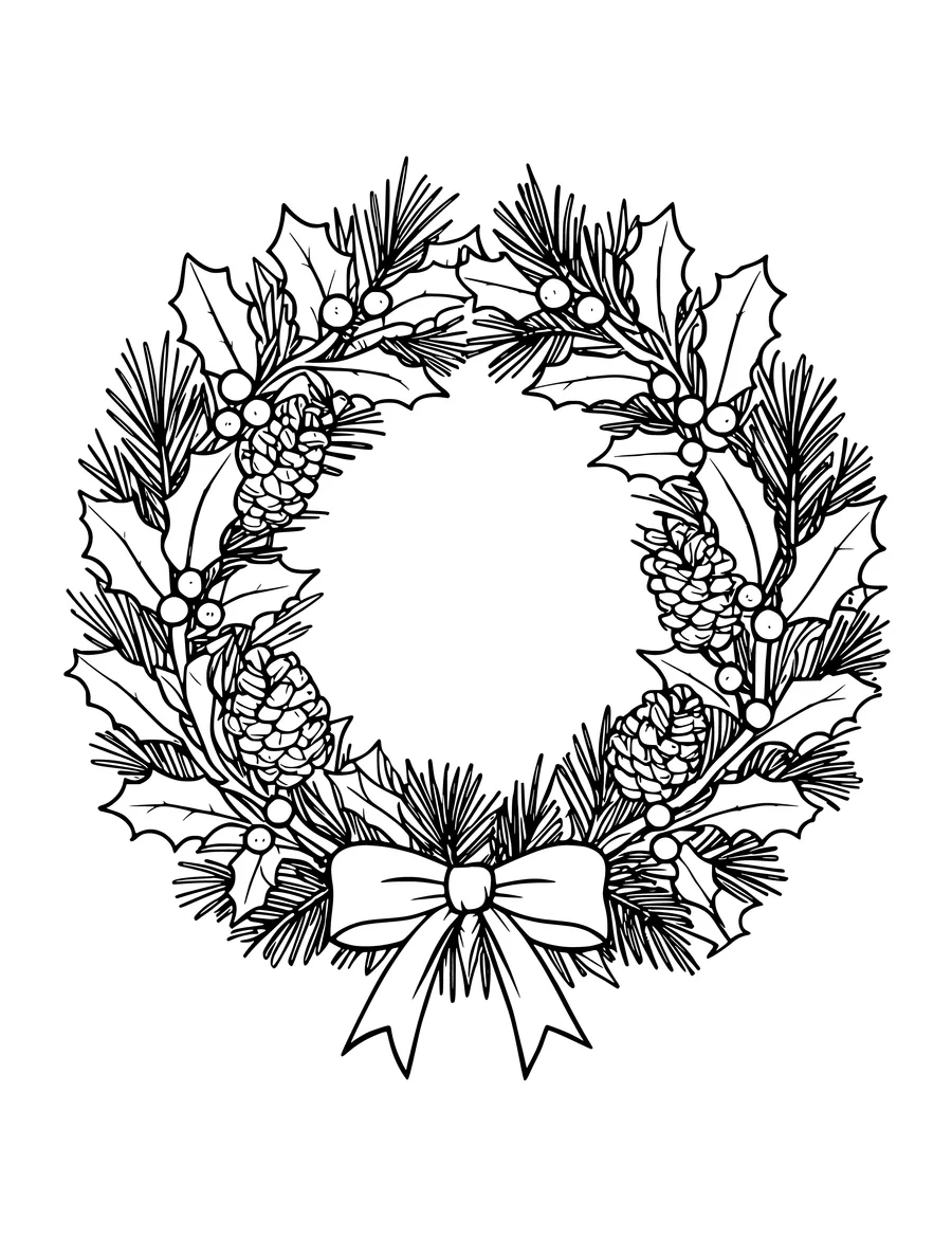 A detailed coloring page shows a festive wreath made of pine branches, holly, berries, and pinecones.
