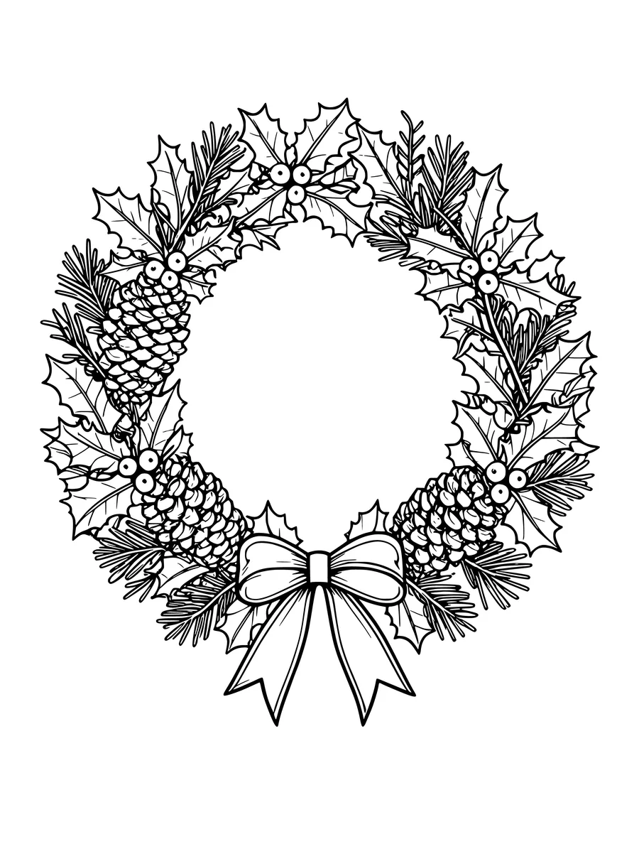 A line art coloring page of a festive wreath made of holly, pine branches, berries, and pinecones with a bow.