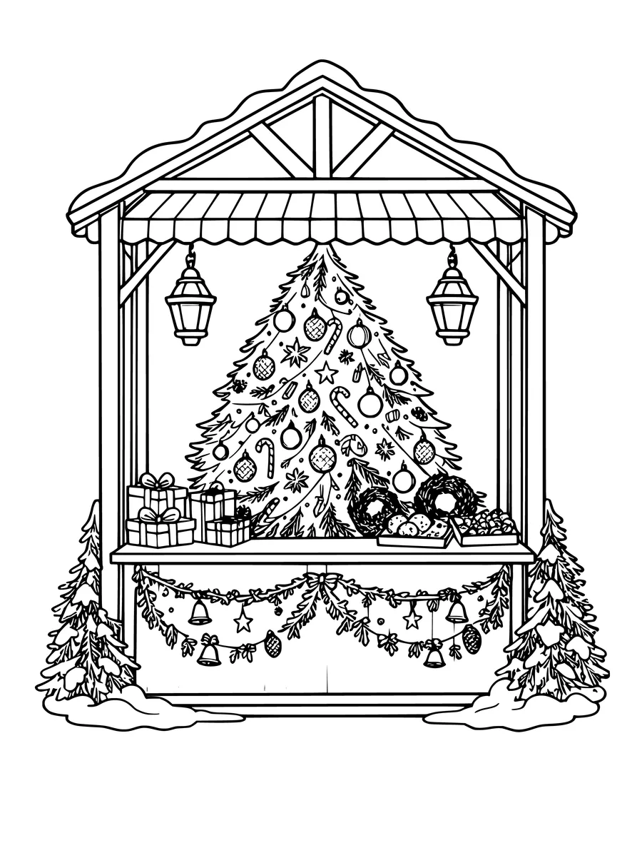 A detailed Christmas market stall featuring a decorated tree, lanterns, and various gift boxes, colouring page