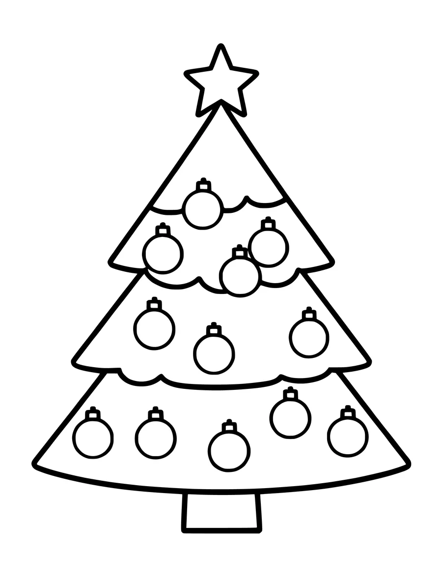 A simple Christmas tree adorned with round baubles and topped with a large star, coloring page