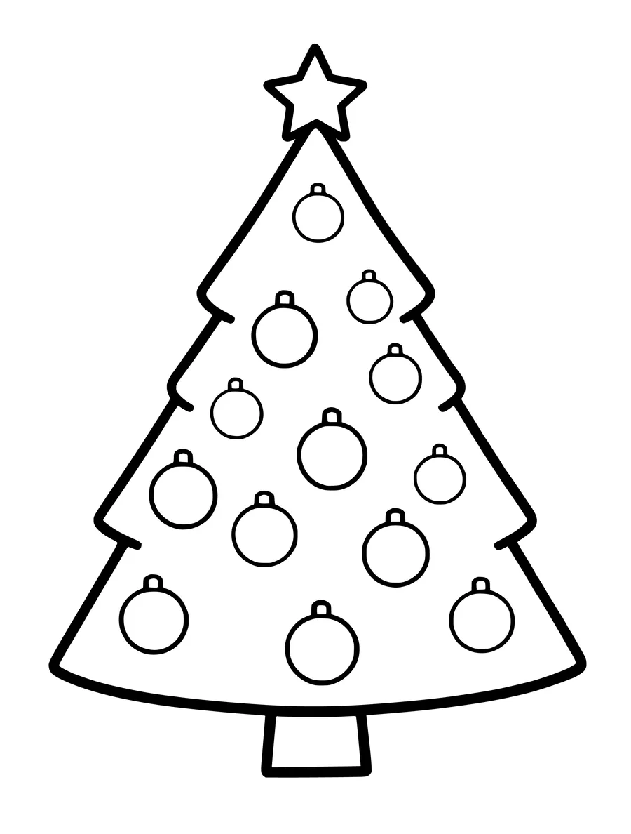A simple Christmas tree colouring page featuring a star on top and several large, round ornaments.