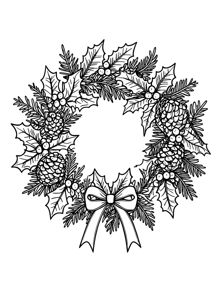 A circular Christmas wreath decorated with pine cones, holly leaves, berries, and a bow at the bottom, colouring page