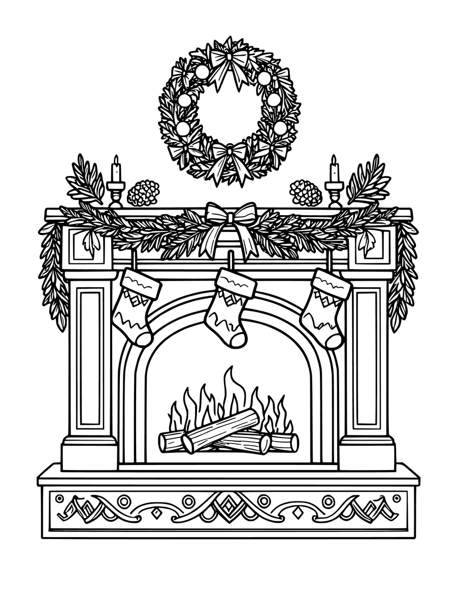 A detailed fireplace colouring page with stockings hanging from a garland, a wreath, and a cozy fire.