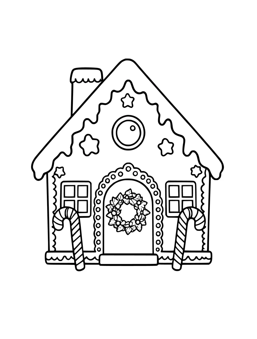A gingerbread house coloring page decorated with a wreath on the door and candy canes on each side.