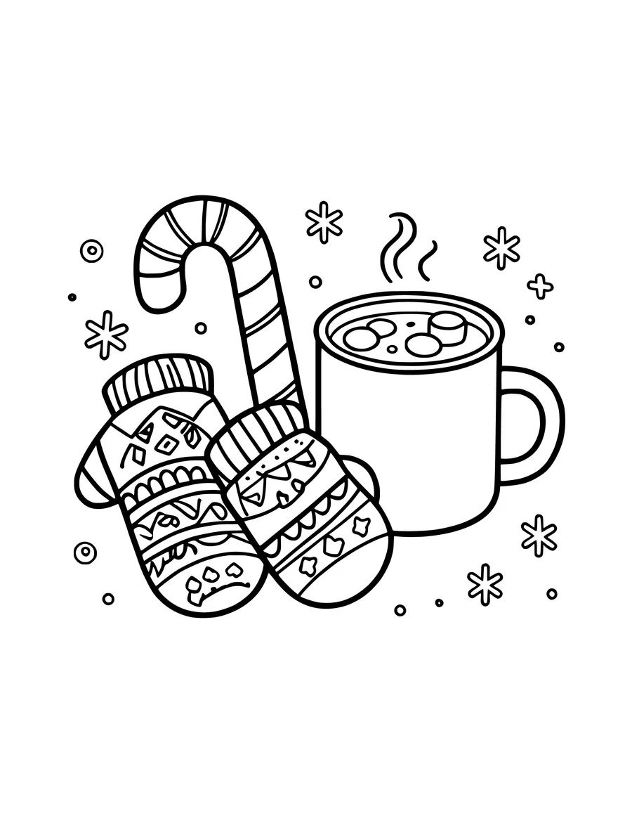 A pair of patterned mittens next to a candy cane and a steaming mug of cocoa with marshmallows, coloring page