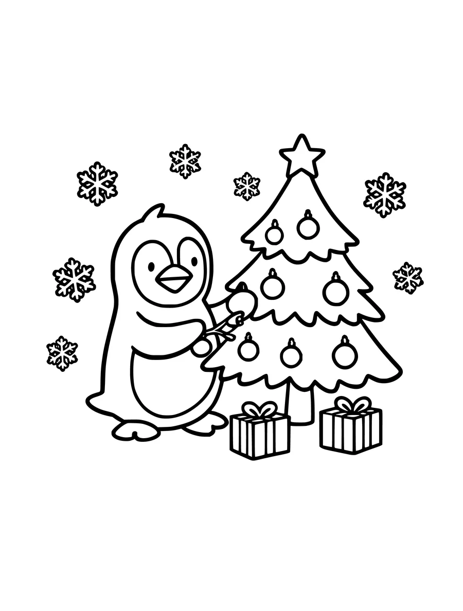 A cute penguin decorates a small Christmas tree with ornaments while standing next to gift boxes, coloring page