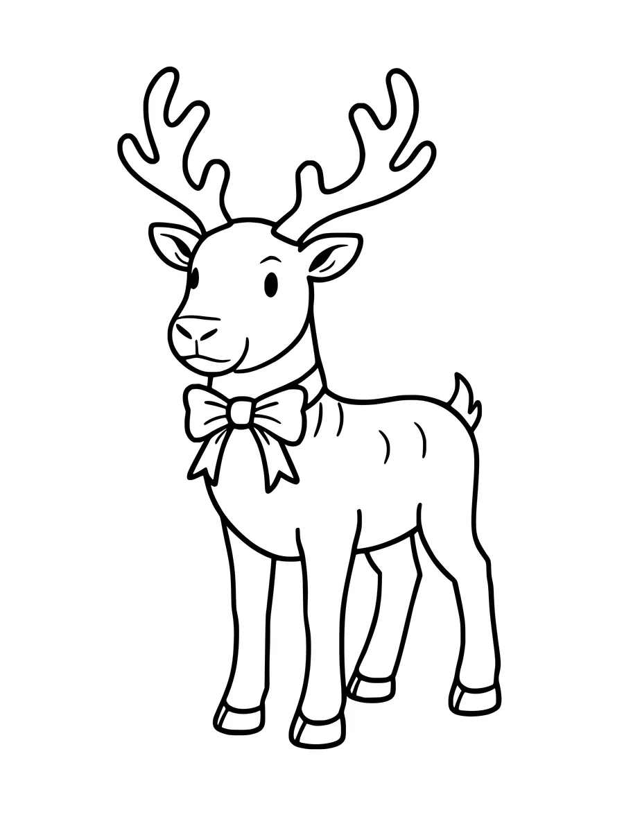 A simple line art drawing of a standing reindeer with large antlers and a bow tied around its neck, colouring page