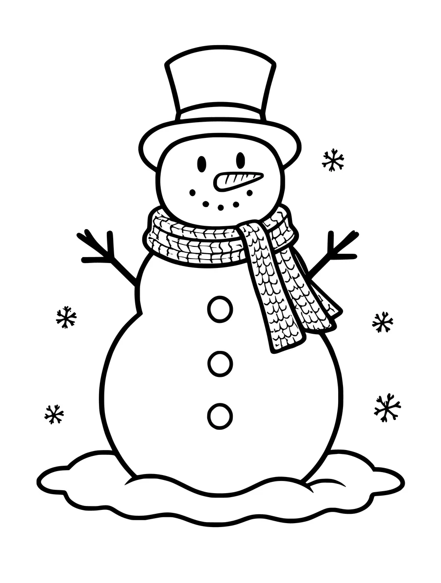 A friendly snowman wearing a top hat and a striped scarf, surrounded by simple snowflakes, colouring page