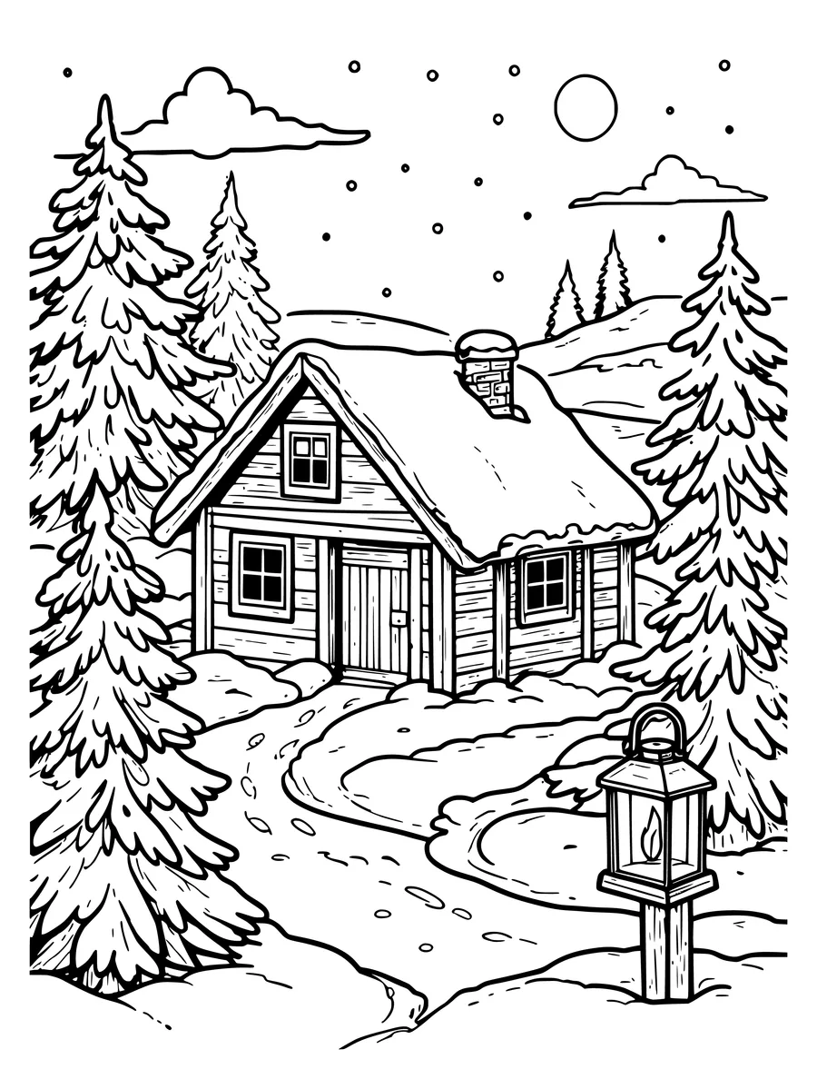 Black and white line art coloring page of snowy winter scene with a cottage, snowy trees and a lantern, detailed detail