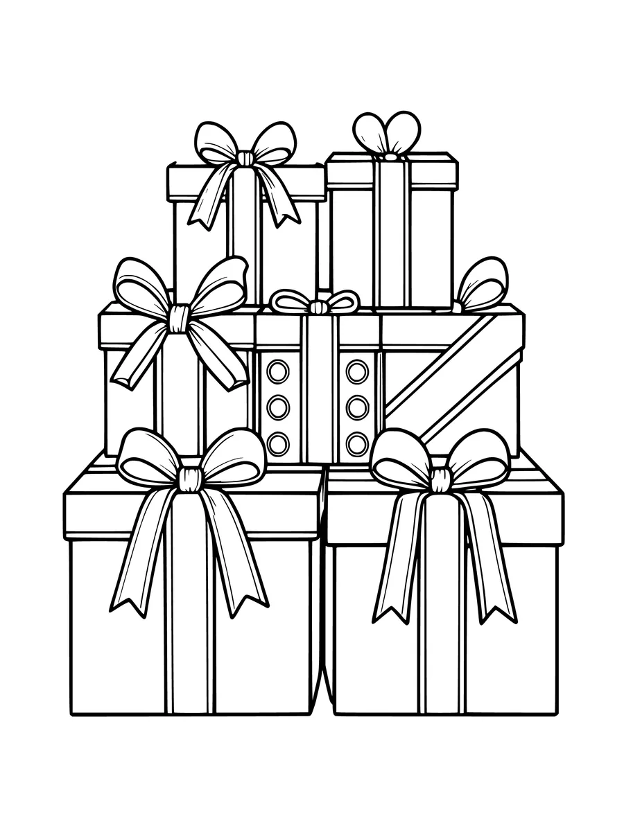 A coloring page showing a stack of six wrapped gifts tied with decorative ribbons and bows.