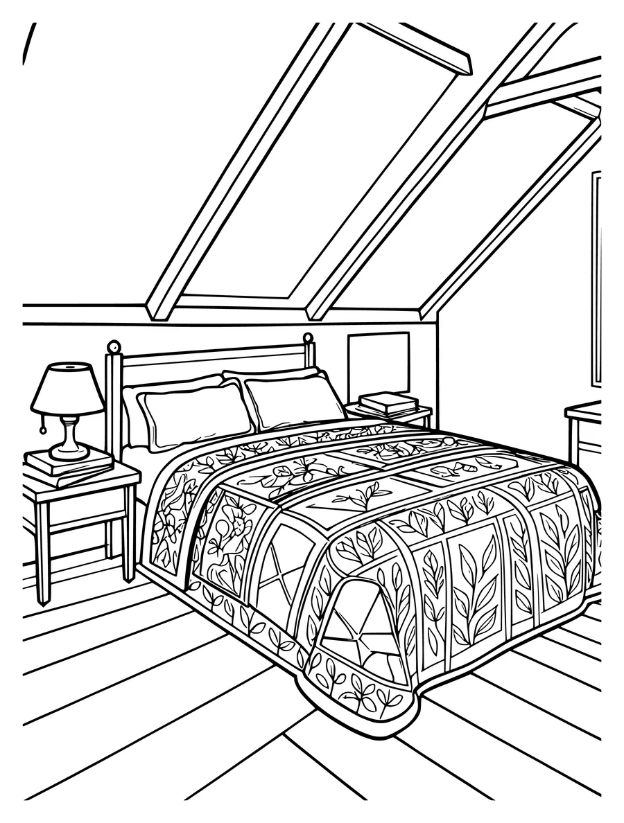 Black and white line art coloring page of bed with a quilt, books and a bedside lamp in a sloped room, detailed detail