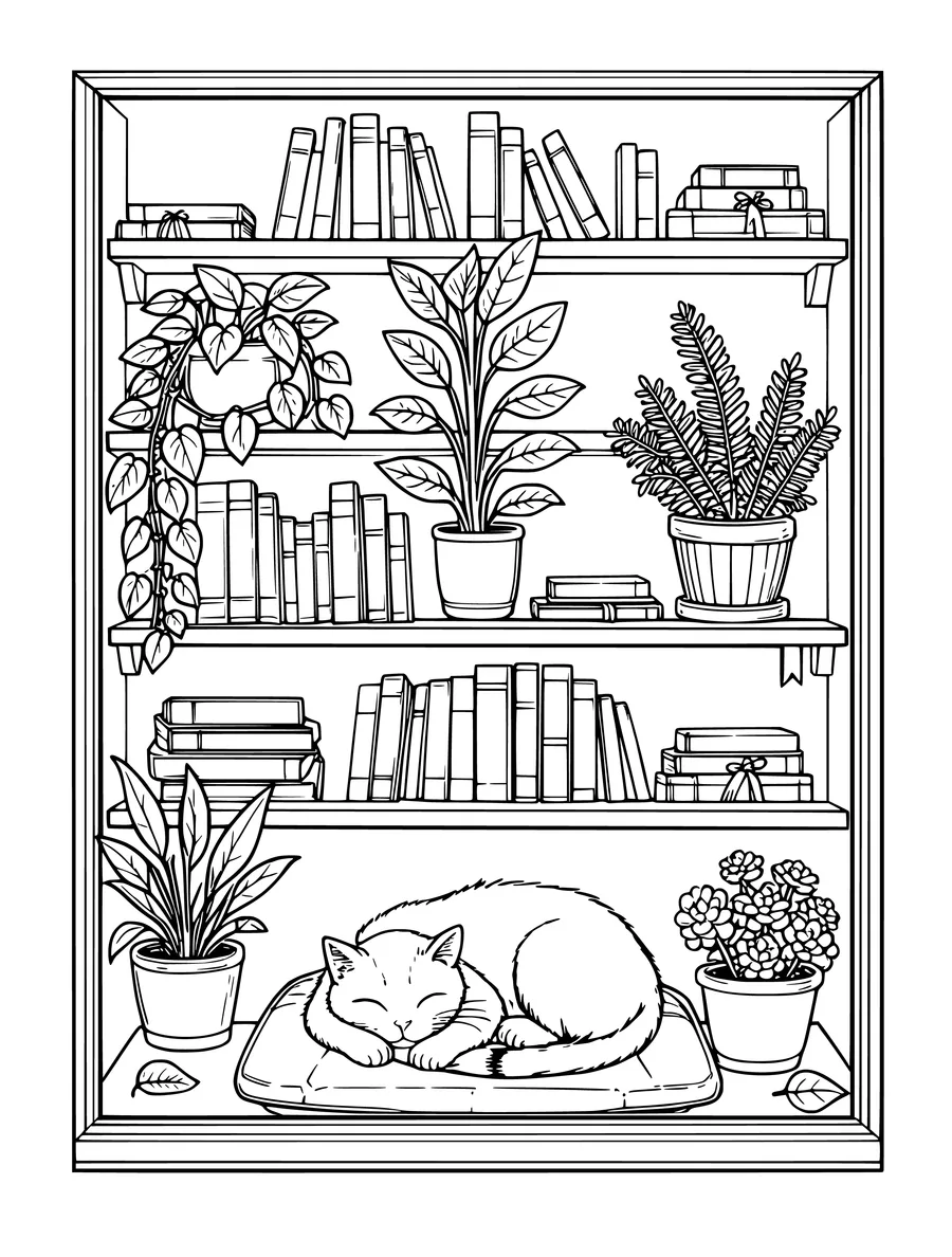 Black and white line art coloring page of bookshop window with shelves, plants and a sleeping cat, intricate detail